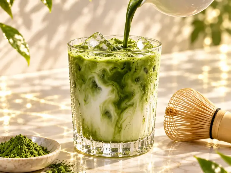 Matcha wlewana do mleka z lodem — zielone wiry w szklance