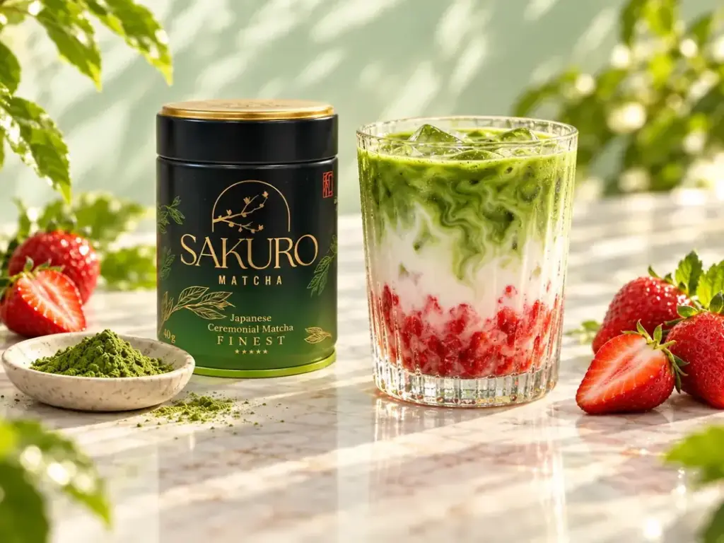 Truskawkowa matcha latte i puszka Sakuro Finest wśród truskawek i liści