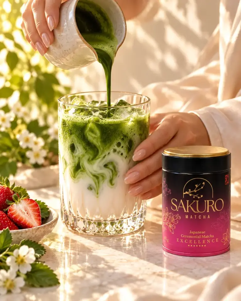 Matcha wlewana do mleka z lodem — zielone smugi w szklance, obok puszka Sakuro