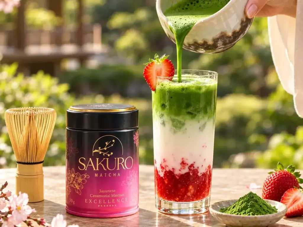 Matcha wlewana z czarki do truskawkowego latte, obok puszka Sakuro i chasen