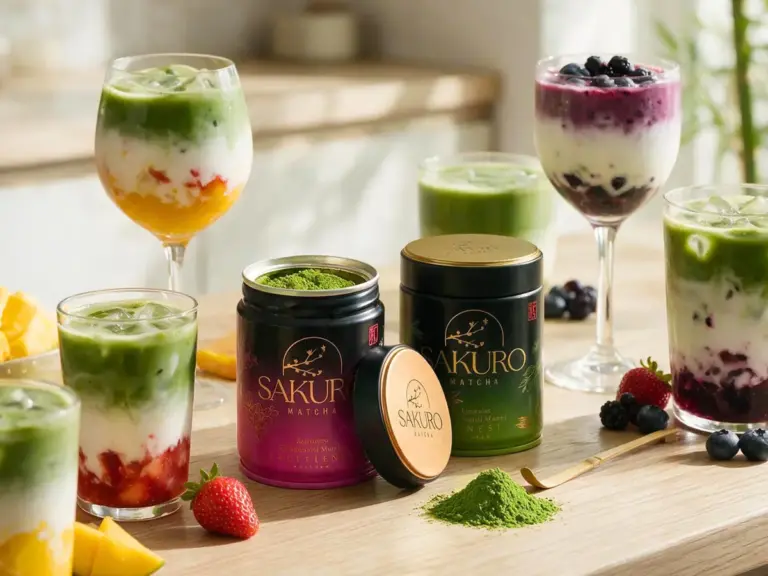 Kolorowe napoje z matchą: mango, truskawka, jagoda — obok puszki Sakuro