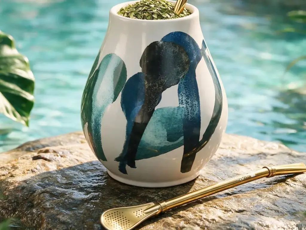 Yerba mate cena: ręcznie malowane matero Oaza z yerbą i bombillą nad turkusową wodą