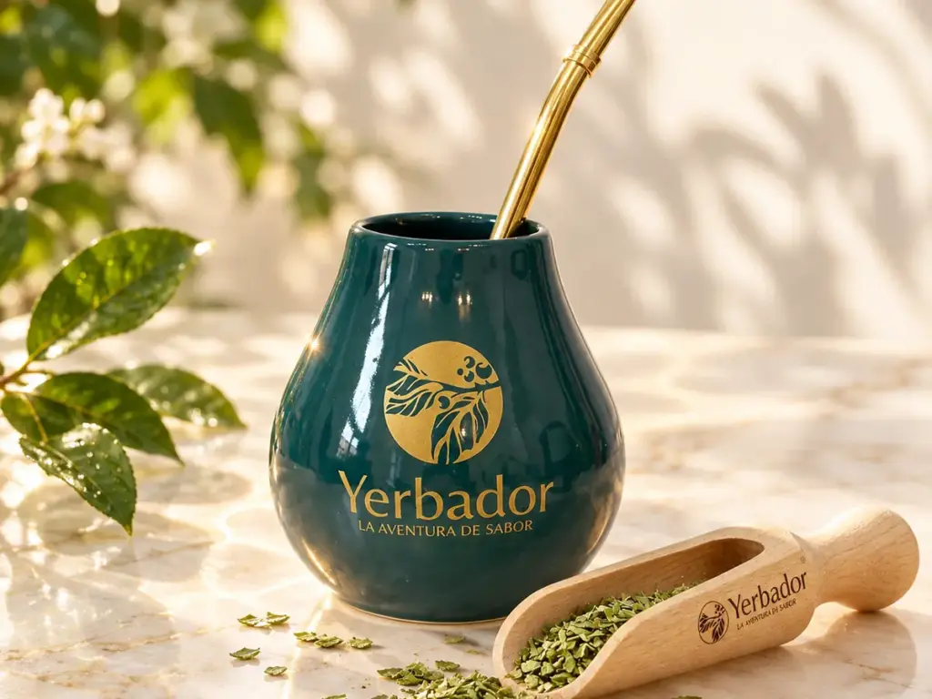 Yerba mate a trawienie: matero Yerbador ze złotą bombillą i nabierak z suszem na marmurze w słońcu