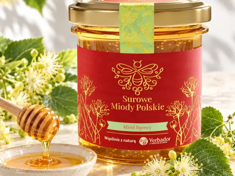 Słoik miodu lipowego Yerbador i miód spływający z łyżki do miseczki