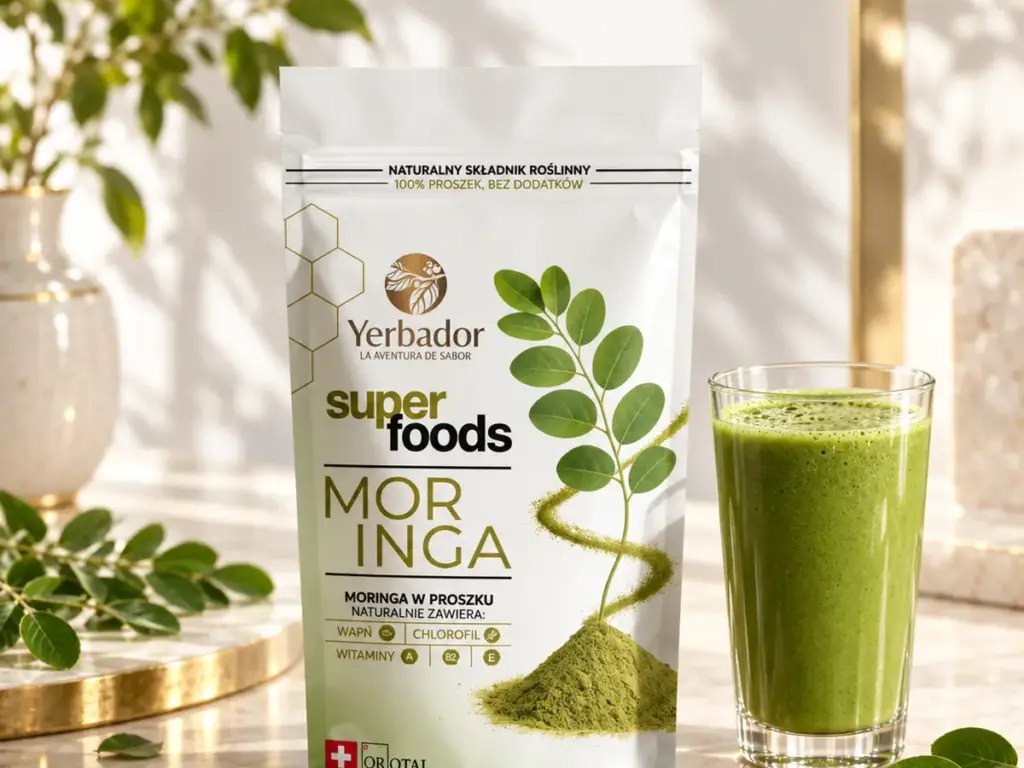 Spirulina w proszku: moringa w proszku Yerbador z liśćmi moringi i zielonym napojem