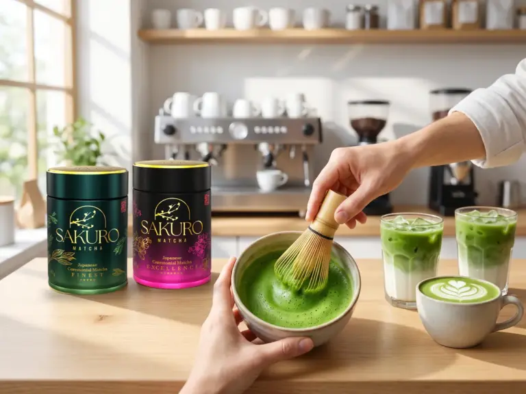 Puszki Sakuro Matcha Finest i Excellence na ladzie kawiarni, ubijanie matchy i matcha latte