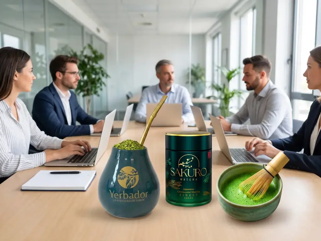 Yerba mate dla saloników biznes: matero Yerbador, puszka Sakuro Finest i czarka matchy na stole podczas spotkania w biurze