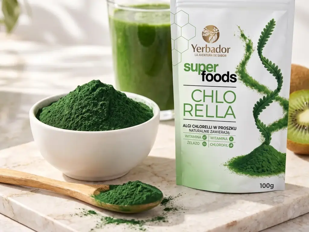 Miseczka szmaragdowego proszku chlorelli, łyżka i opakowanie Yerbador Chlorella