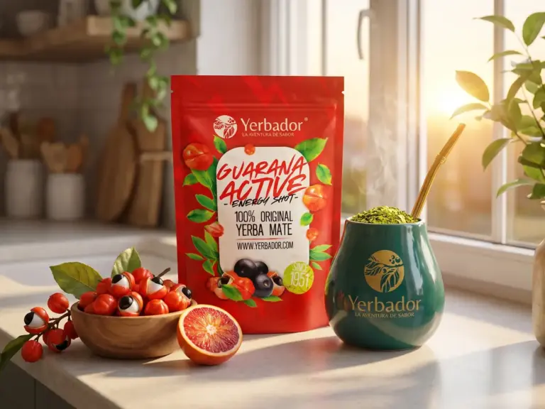 Opakowanie Guarana Active, matero z yerbą i owoce guarany w porannym słońcu w kuchni