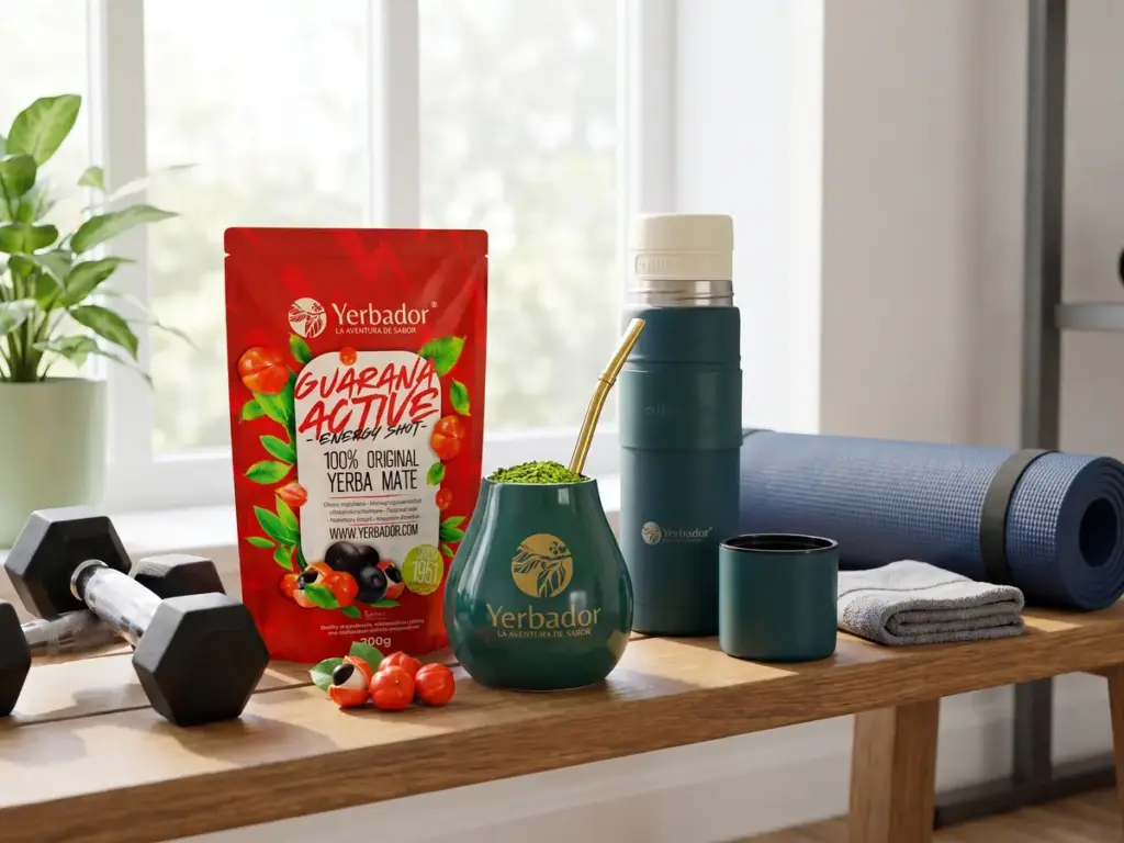 Yerba mate na czczo: guarana Active, matero i termos Yerbador na ławce obok hantli i maty przed treningiem