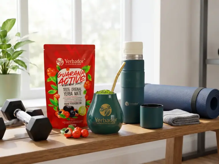 Guarana Active, matero i termos Yerbador na ławce obok hantli i maty przed treningiem