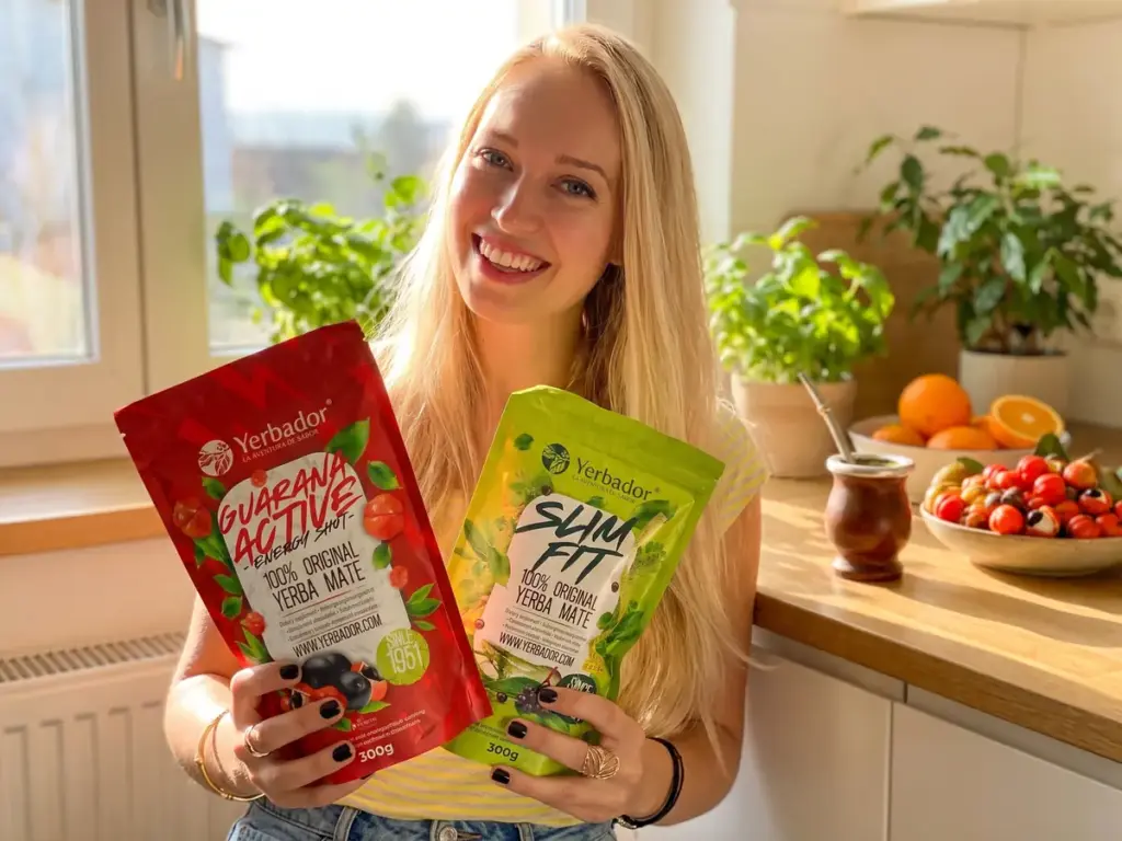 Yerba mate a sód: uśmiechnięta blondynka w słonecznej kuchni trzyma opakowania Guarana Active i Slim Fit