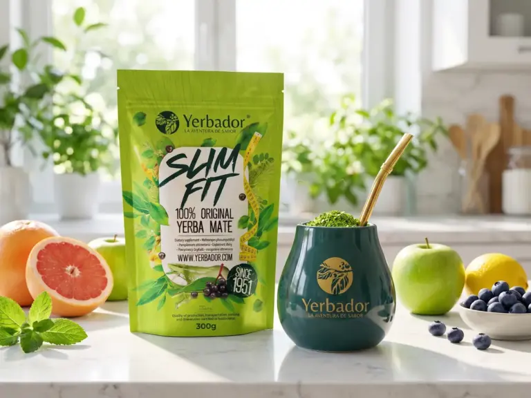 Opakowanie Yerbador Slim Fit i matero z zieloną yerbą wśród grejpfruta, jabłek i borówek