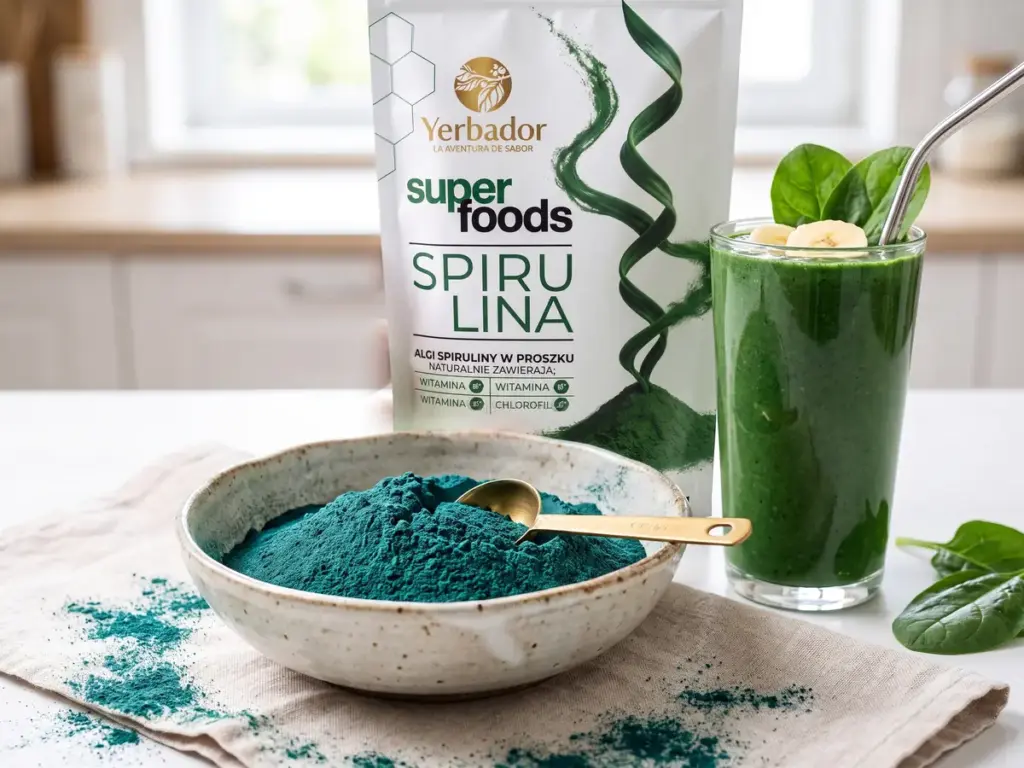 Miseczka niebiesko-zielonego proszku spiruliny, koktajl i opakowanie Yerbador Spirulina