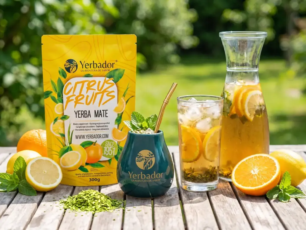 Yerba mate witamina k: tereré z lodem i plastrami pomarańczy w szklance i karafce obok opakowania Citrus Fruits