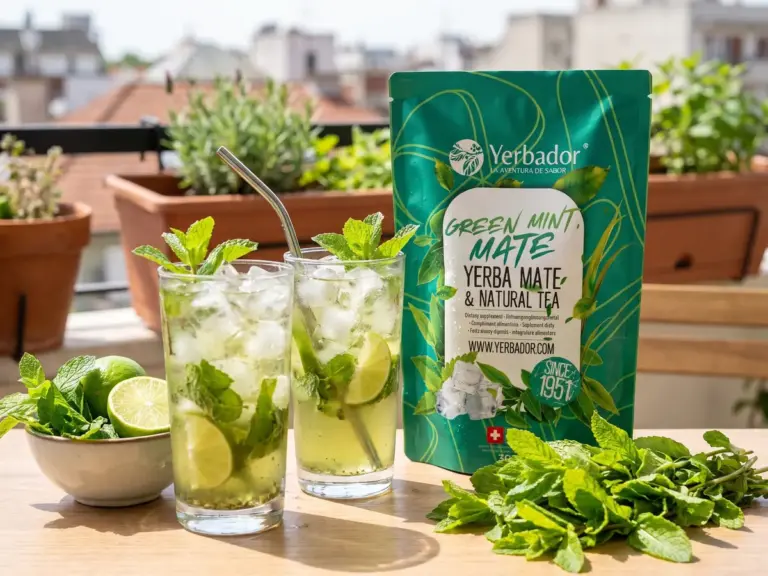 Dwie szklanki tereré z lodem, miętą i limonką obok opakowania Green Mint Mate na balkonie