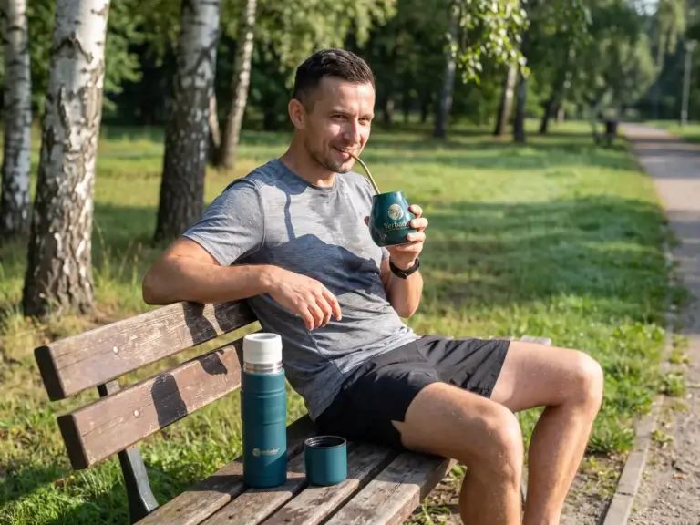 Biegacz odpoczywa na ławce w parku i pije yerba mate z matero, obok termos Yerbador