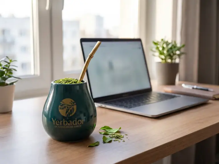Matero Yerbador z zieloną yerbą na biurku obok laptopa w jasnym domowym biurze