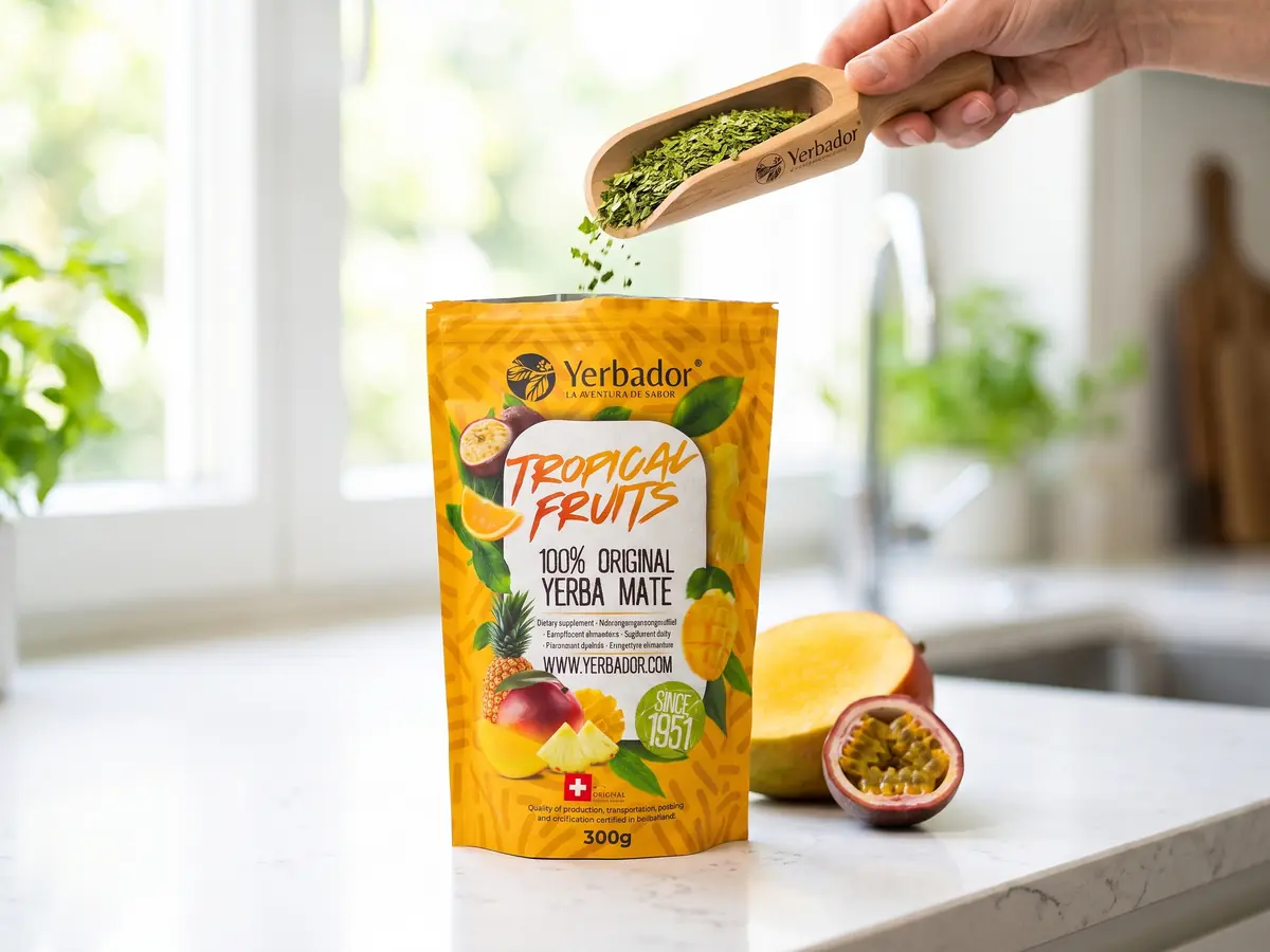 Bukowy nabierak Yerbador sypie zieloną yerbę do opakowania Tropical Fruits w jasnej kuchni