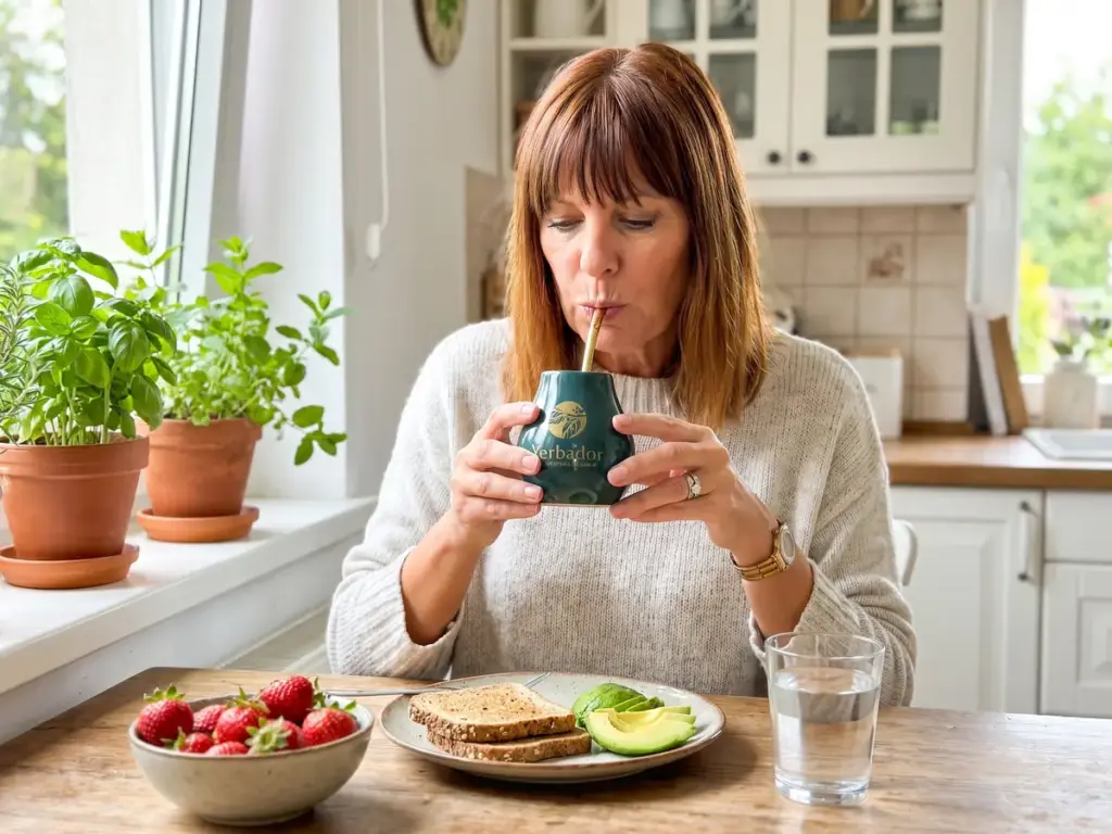 Kobieta pije yerba mate z matero Yerbador przy śniadaniu z truskawkami i tostem z awokado