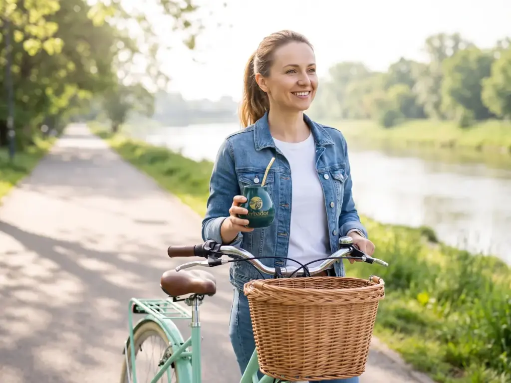 Uśmiechnięta rowerzystka z matero Yerbador na ścieżce nad rzeką