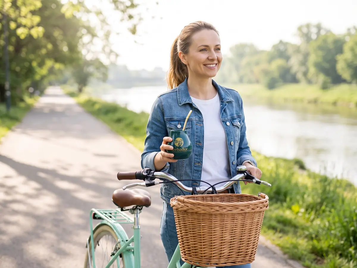 Uśmiechnięta rowerzystka z matero Yerbador na ścieżce nad rzeką