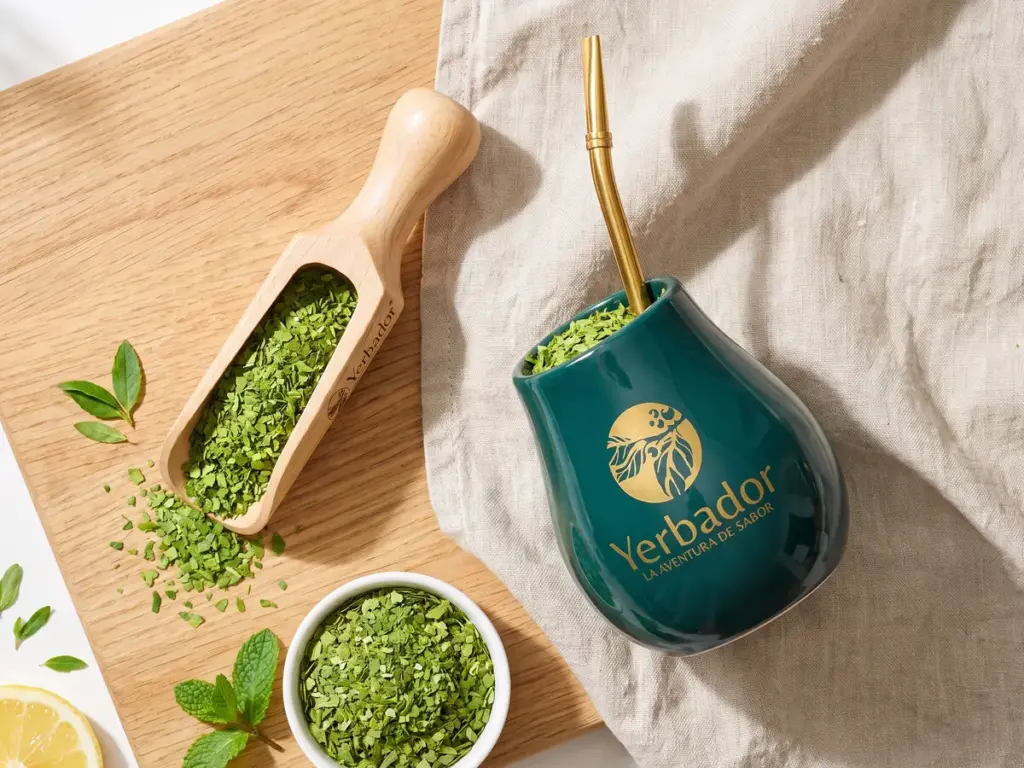 Matero Yerbador, bukowy nabierak i miseczka pełne żywo zielonej yerba mate na lnianej serwecie