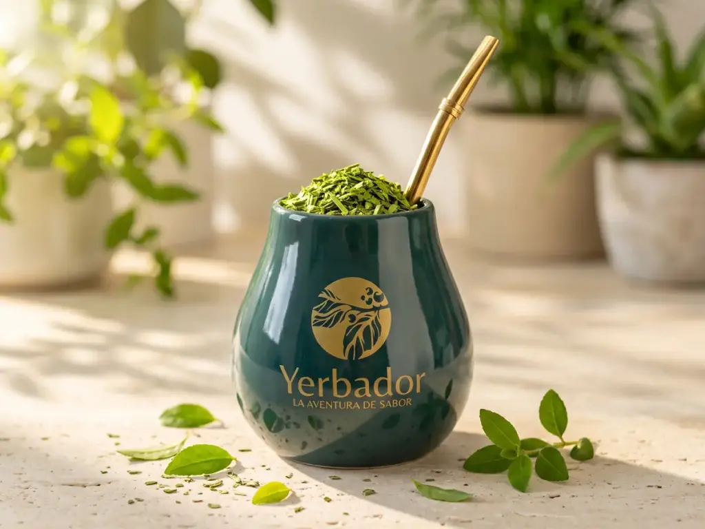 Yerba mate a cellulit: matero Yerbador pełne żywo zielonej yerba mate ze złotą bombillą w porannym słońcu