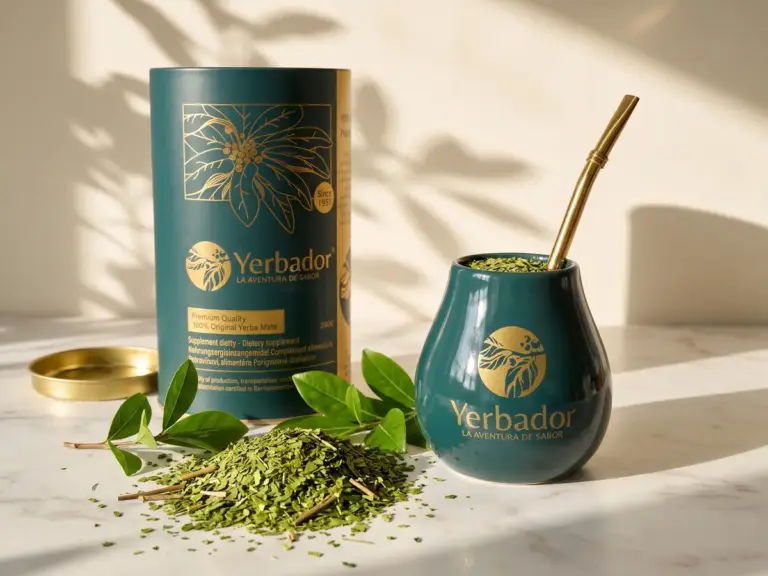 Puszka Yerbador Premium, rozsypana zielona yerba mate i matero ze złotą bombillą na marmurze