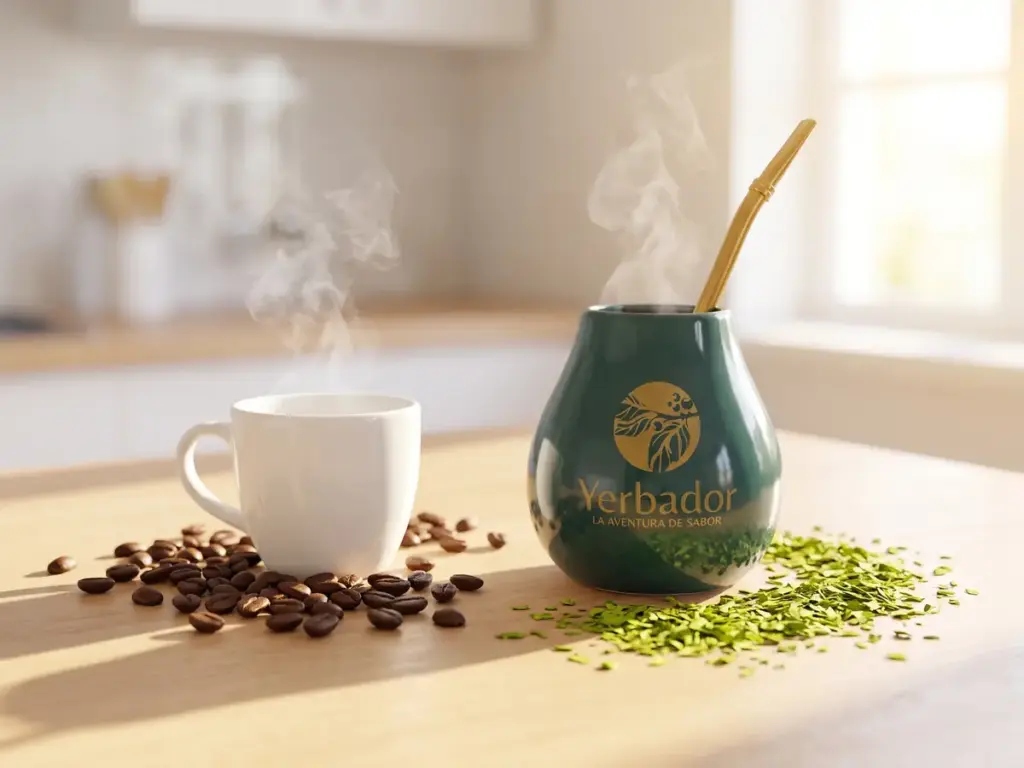 Yerba mate a potas: kawa z ziarnami obok matero Yerbador i rozsypanej zielonej yerby na drewnianym blacie o poranku
