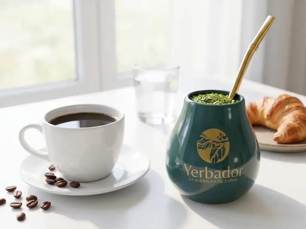 Yerba mate a nerki: filiżanka czarnej kawy obok matero Yerbador z zieloną yerbą na śniadaniowym stole