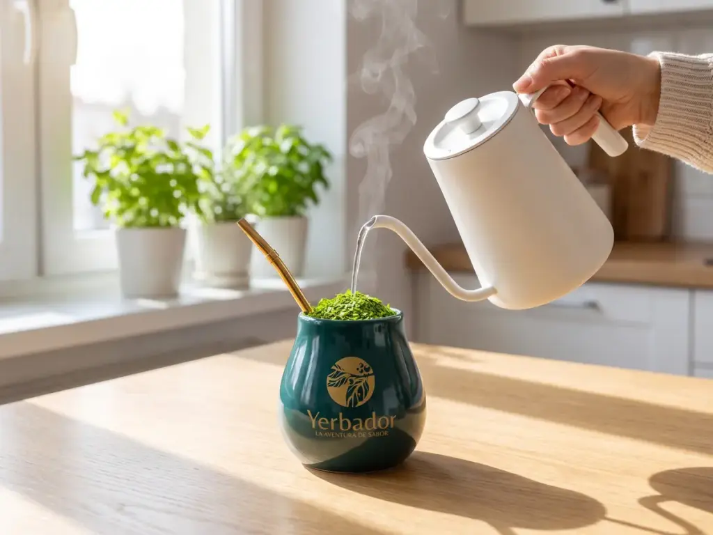 Zalewanie yerba mate w matero Yerbador gorącą wodą z białego czajnika w jasnej kuchni