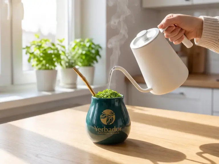 Zalewanie yerba mate w matero Yerbador gorącą wodą z białego czajnika w jasnej kuchni