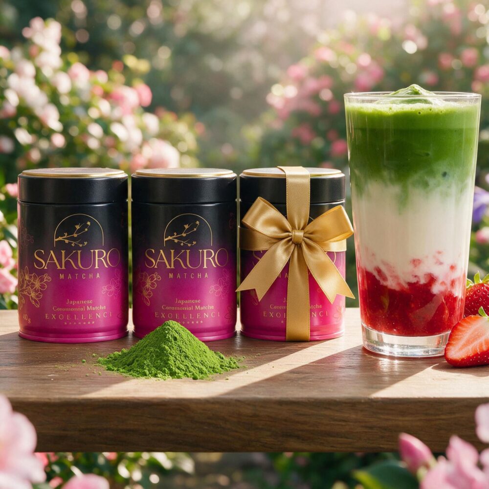 Sakuro Matcha Excellence 2+1 gratis — trzy puszki Trzy puszki Sakuro Matcha Excellence, jedna przewiazana zlota kokarda, obok truskawkowe matcha latte