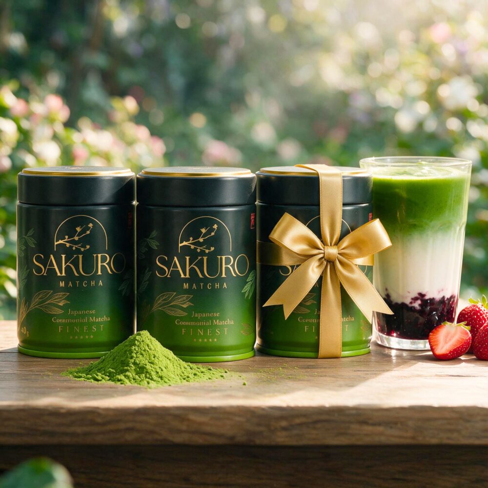 Sakuro Matcha Finest 2+1 gratis — trzy puszki Trzy puszki Sakuro Matcha Finest, jedna przewiazana zlota kokarda, obok jagodowe matcha latte
