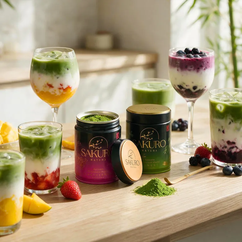 Piec napojow z matchy Sakuro: mango, jagody, truskawka, obok puszki i kopczyk proszku Piec napojow z matchy Sakuro: mango, jagody, truskawka, obok puszki i kopczyk proszku
