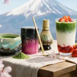 Czarka, puszka Sakuro Excellence, chashaku i chasen na lnie, w tle gora Fuji