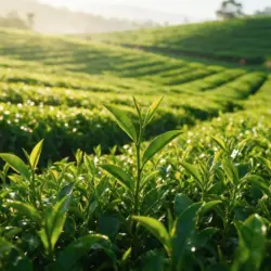Rzedy krzewow herbacianych na plantacji w porannym sloncu