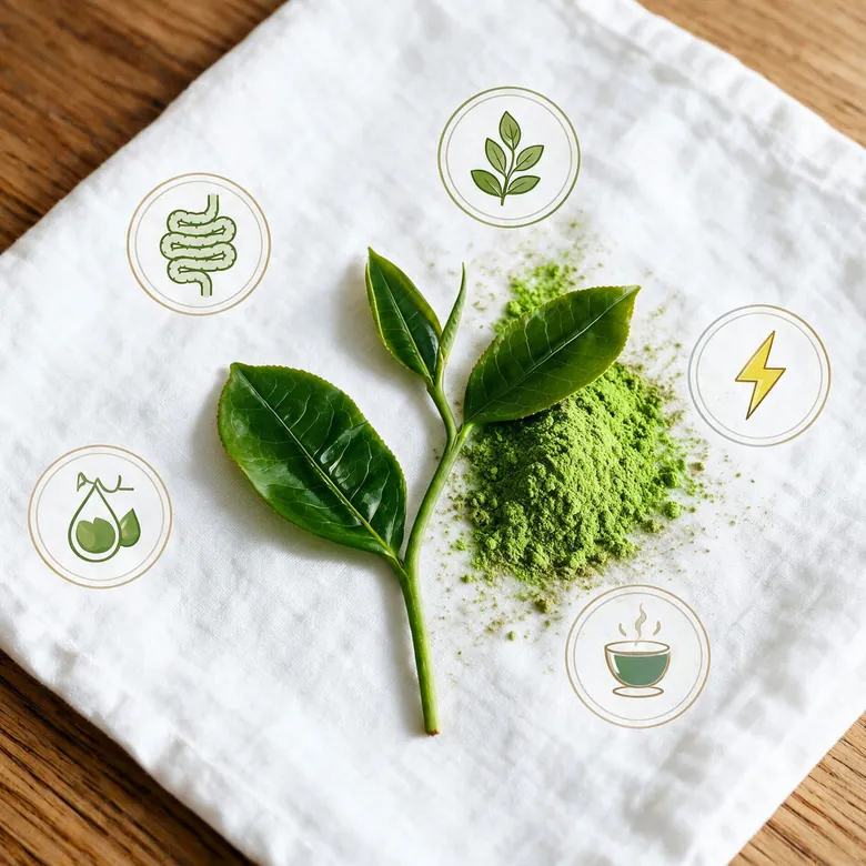 Lisc herbaty i sproszkowana matcha na plotnie — wlasciwosci matchy ceremonialnej Lisc herbaty i sproszkowana matcha na plotnie — wlasciwosci matchy ceremonialnej
