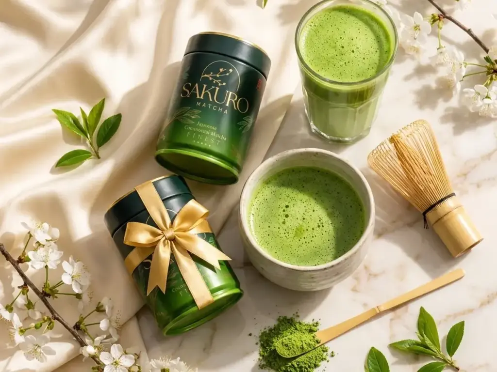 Yerba mate dla siłowni i klubów fitness: flat lay: puszki Sakuro Finest ze złotą kokardą, czarka matchy, latte i chasen
