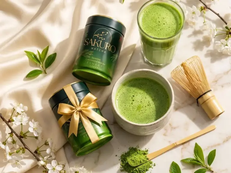 Flat lay: puszki Sakuro Finest ze złotą kokardą, czarka matchy, latte i chasen