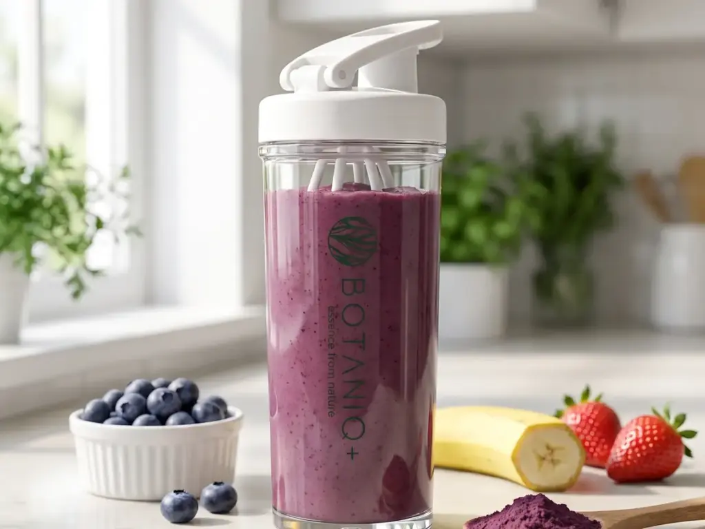 Shaker z fioletowym koktajlem açaí, obok borówki, banan i truskawki