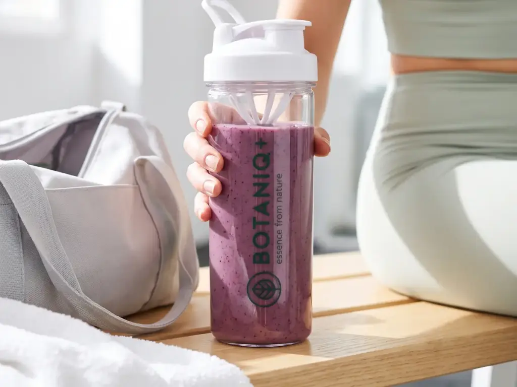 Yerba mate przed treningiem: shaker z koktajlem açaí w dłoni po treningu