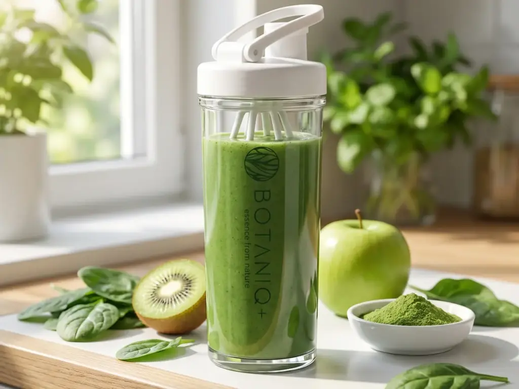 Shaker z zielonym koktajlem, kiwi, jabłko i szpinak na kuchennym blacie