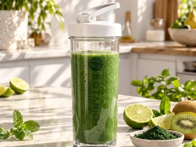 Shaker z zielonym koktajlem, limonki, kiwi i miseczka spiruliny