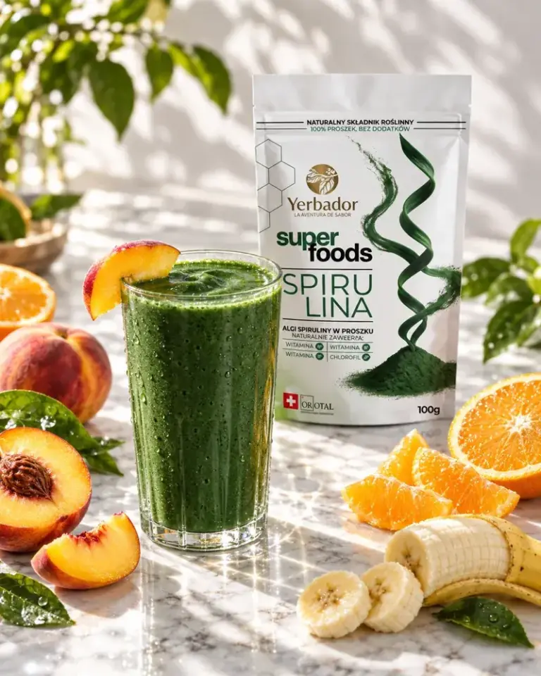 Koktajl ze spiruliną wśród brzoskwiń, pomarańczy i bananów