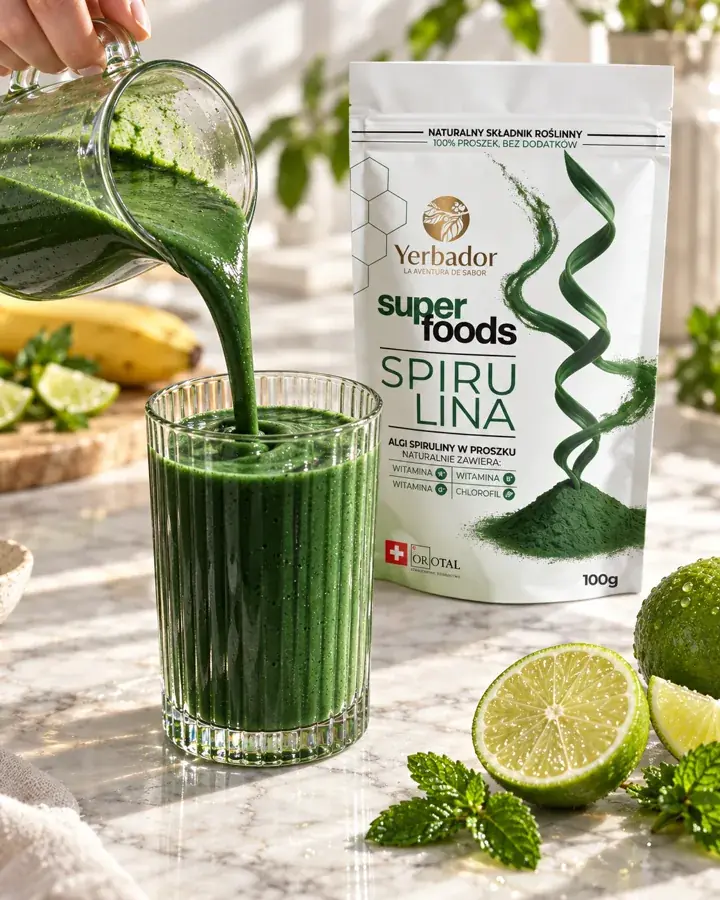 Ciemnozielony koktajl ze spiruliną nalewany do szklanki, obok opakowanie Yerbador