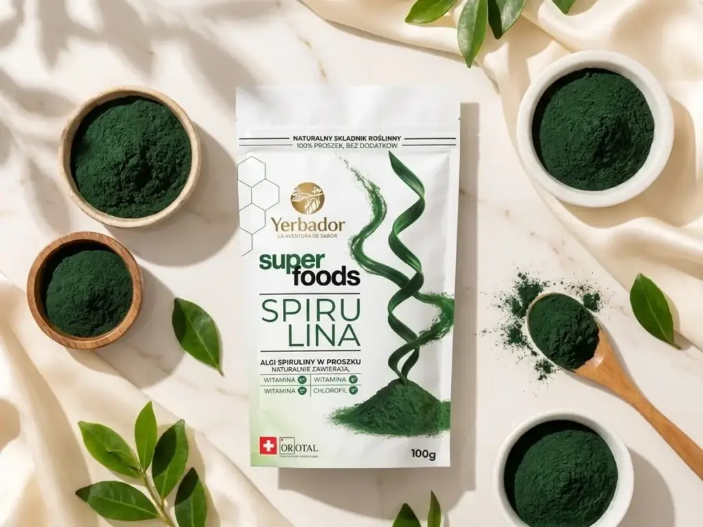 Flat lay: spirulina Yerbador i miseczki intensywnie zielonego proszku