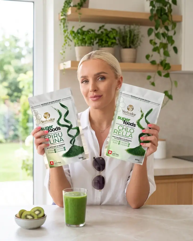 Zielony jęczmień: kobieta w jasnej kuchni z opakowaniami spiruliny i chlorelli oraz zielonym koktajlem