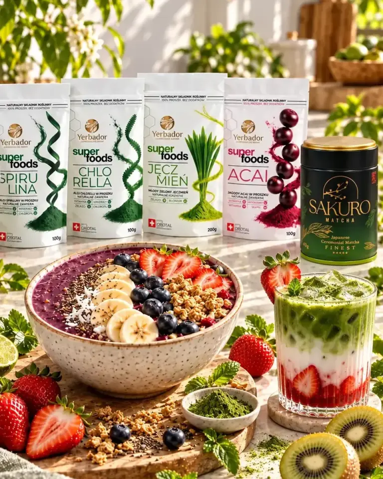 Bowl z açaí, zielony koktajl, truskawkowa matcha latte i kolekcja superfoods Yerbador z puszką Sakuro